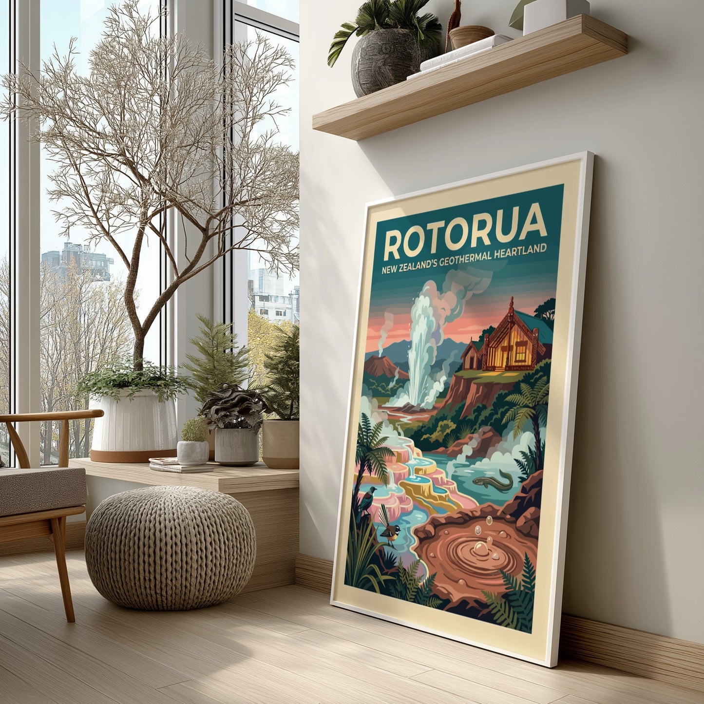 Travel poster of Rotorua New Zealand showing a geyser, traditional house, and birds.