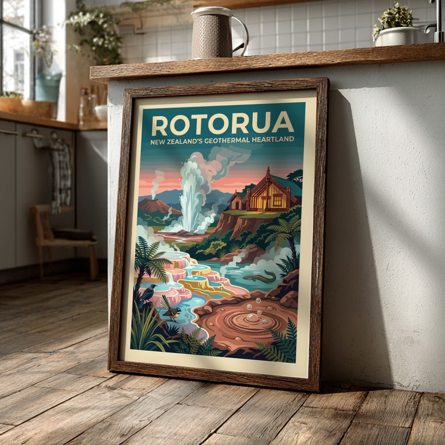 Travel poster of Rotorua New Zealand showing a geyser, traditional house, and birds.
