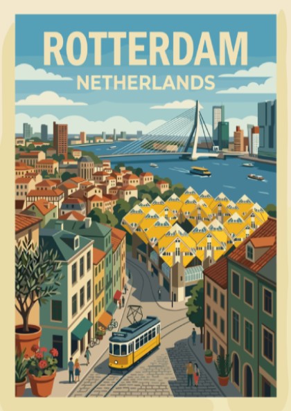 Poster of Rotterdam Netherlands featuring the Erasmus Bridge, cube houses, and a yellow tram.