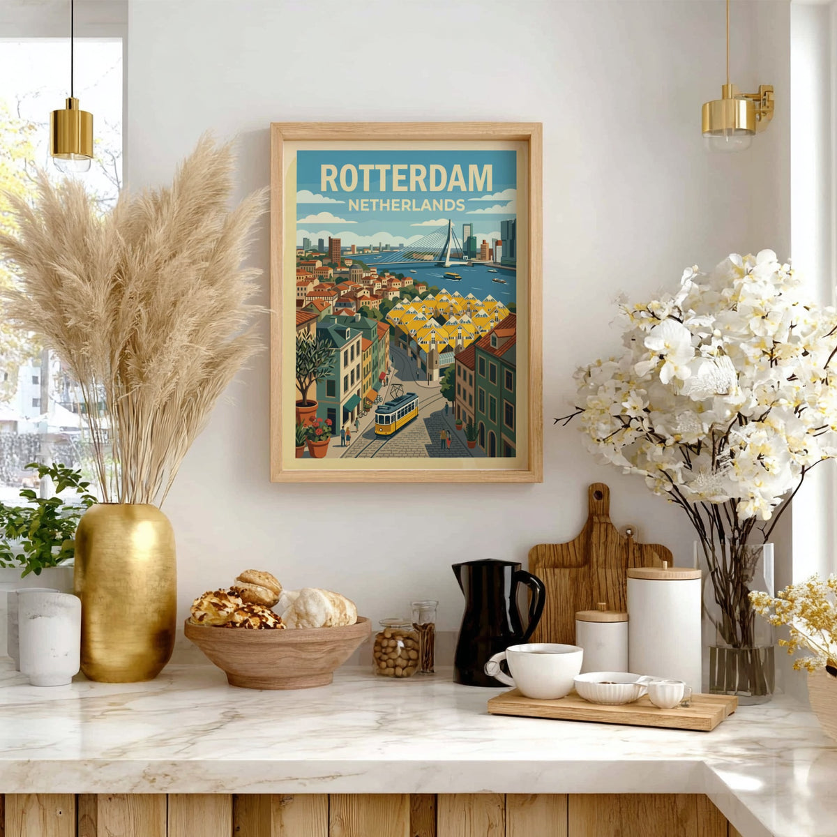 Poster of Rotterdam Netherlands featuring the Erasmus Bridge, cube houses, and a yellow tram.