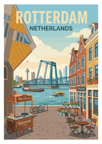 Rotterdam skyline travel poster with Cube Houses, bridge, and canal boats in a warm, illustrative style.