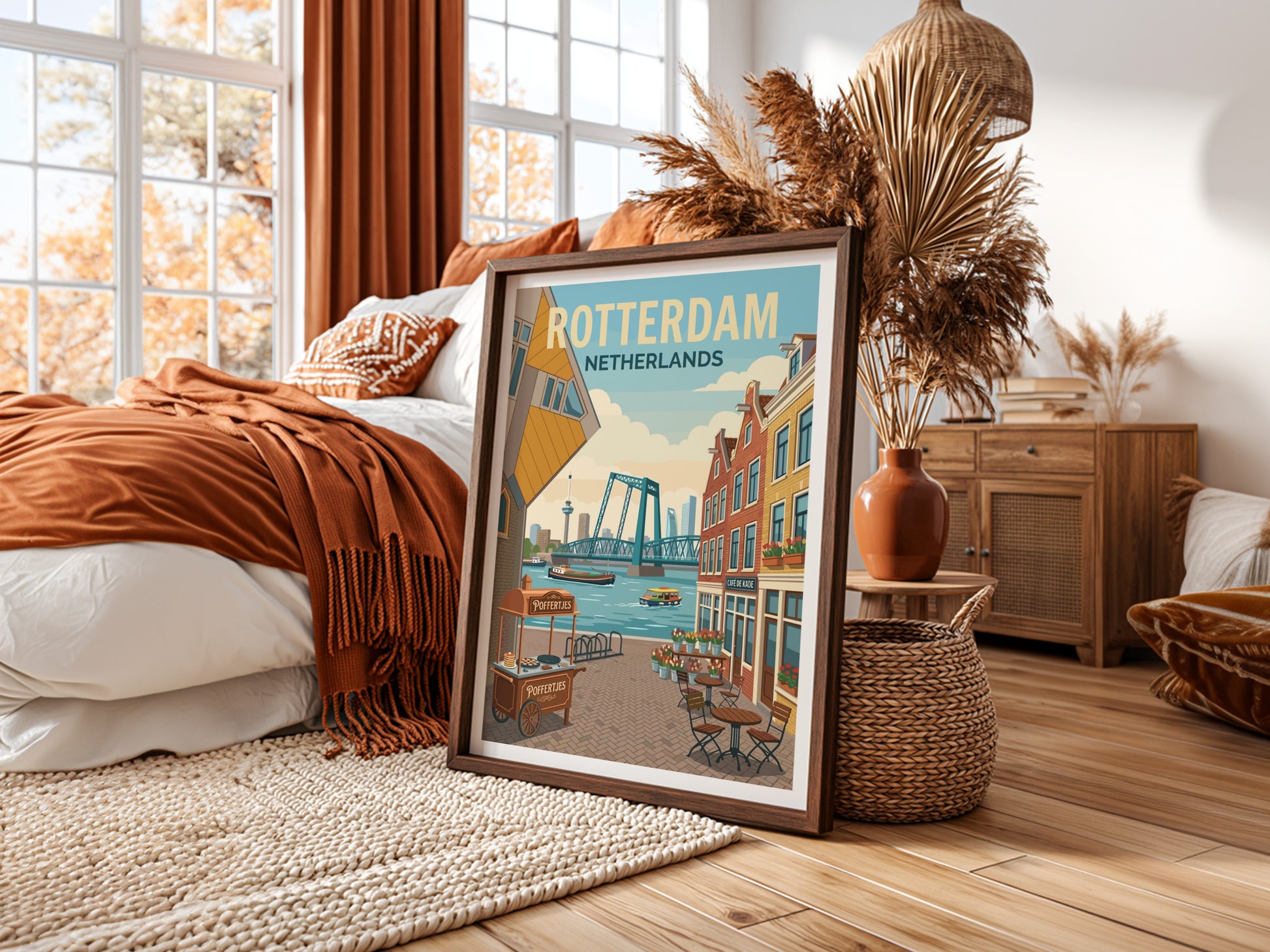 Rotterdam skyline travel poster with Cube Houses, bridge, and canal boats in a warm, illustrative style.