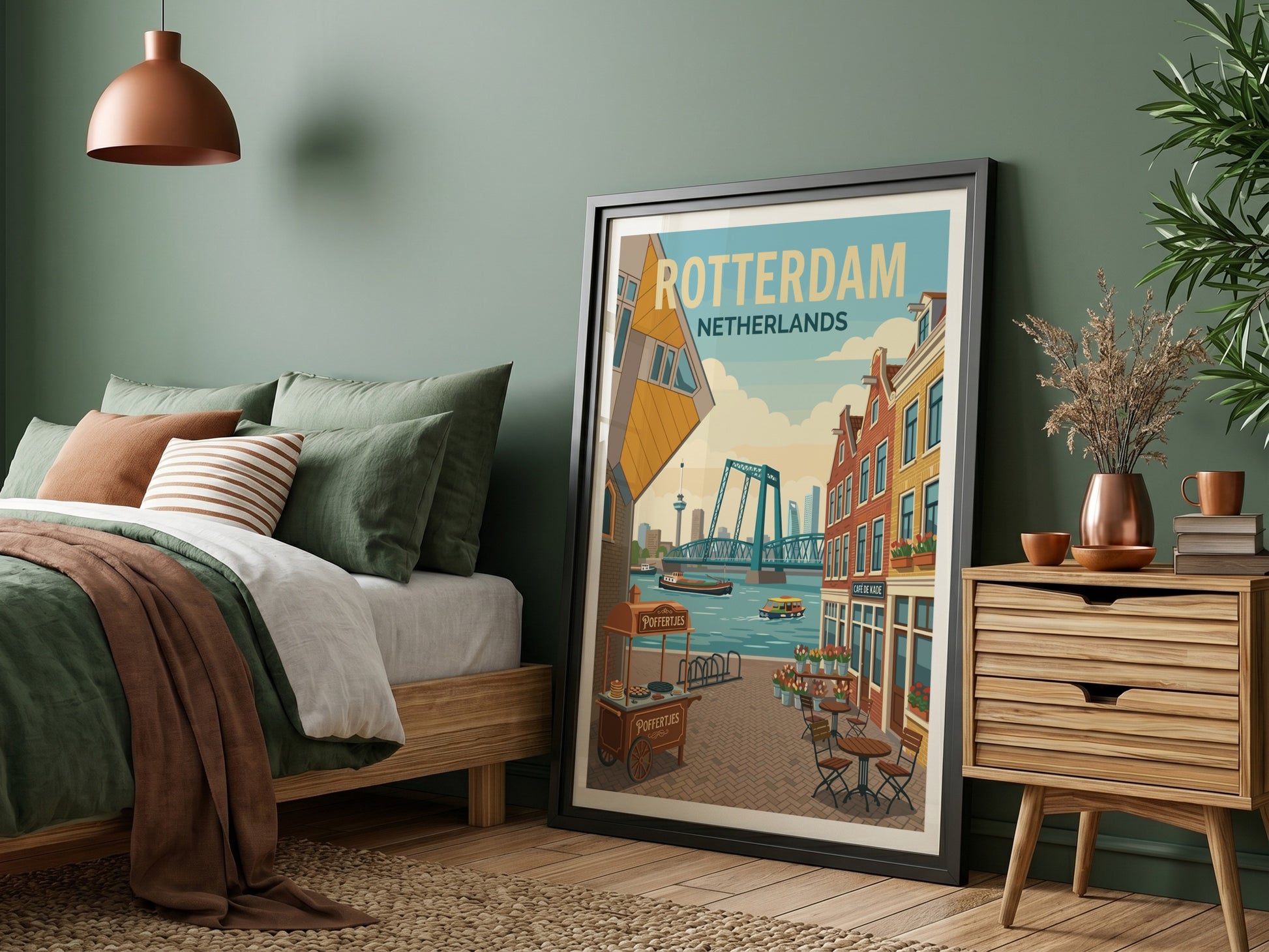 Rotterdam skyline travel poster with Cube Houses, bridge, and canal boats in a warm, illustrative style.