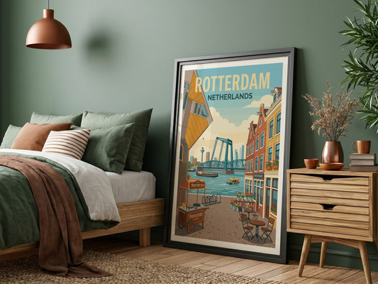 Rotterdam skyline travel poster with Cube Houses, bridge, and canal boats in a warm, illustrative style.