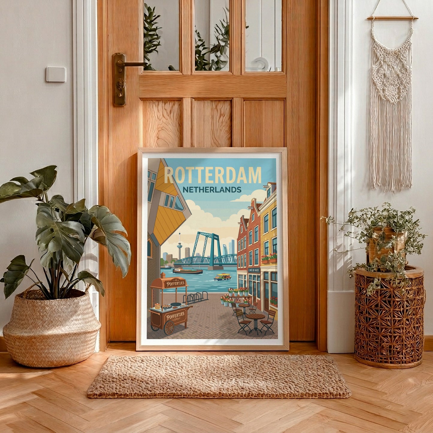 Rotterdam skyline travel poster with Cube Houses, bridge, and canal boats in a warm, illustrative style.