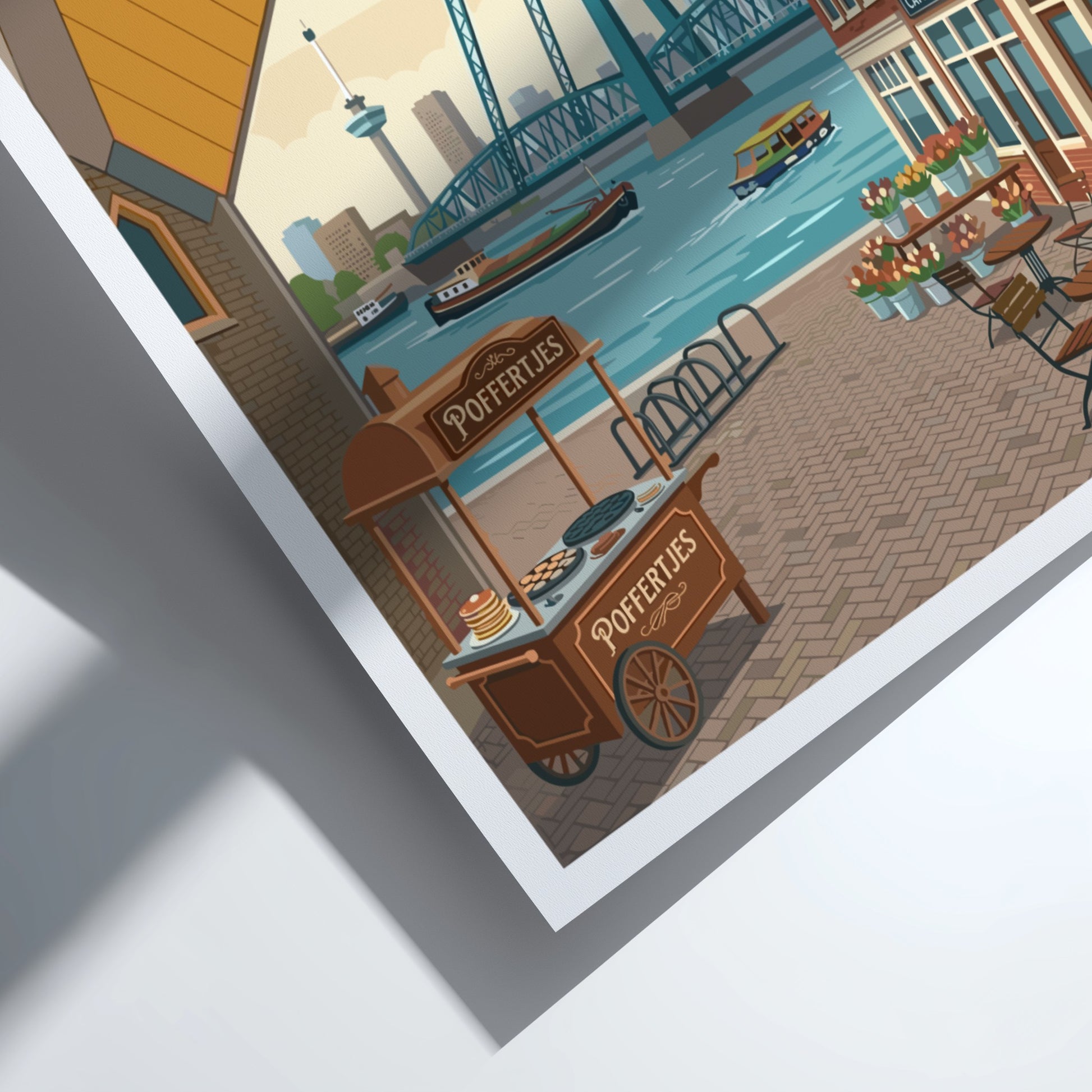 Rotterdam skyline travel poster with Cube Houses, bridge, and canal boats in a warm, illustrative style.