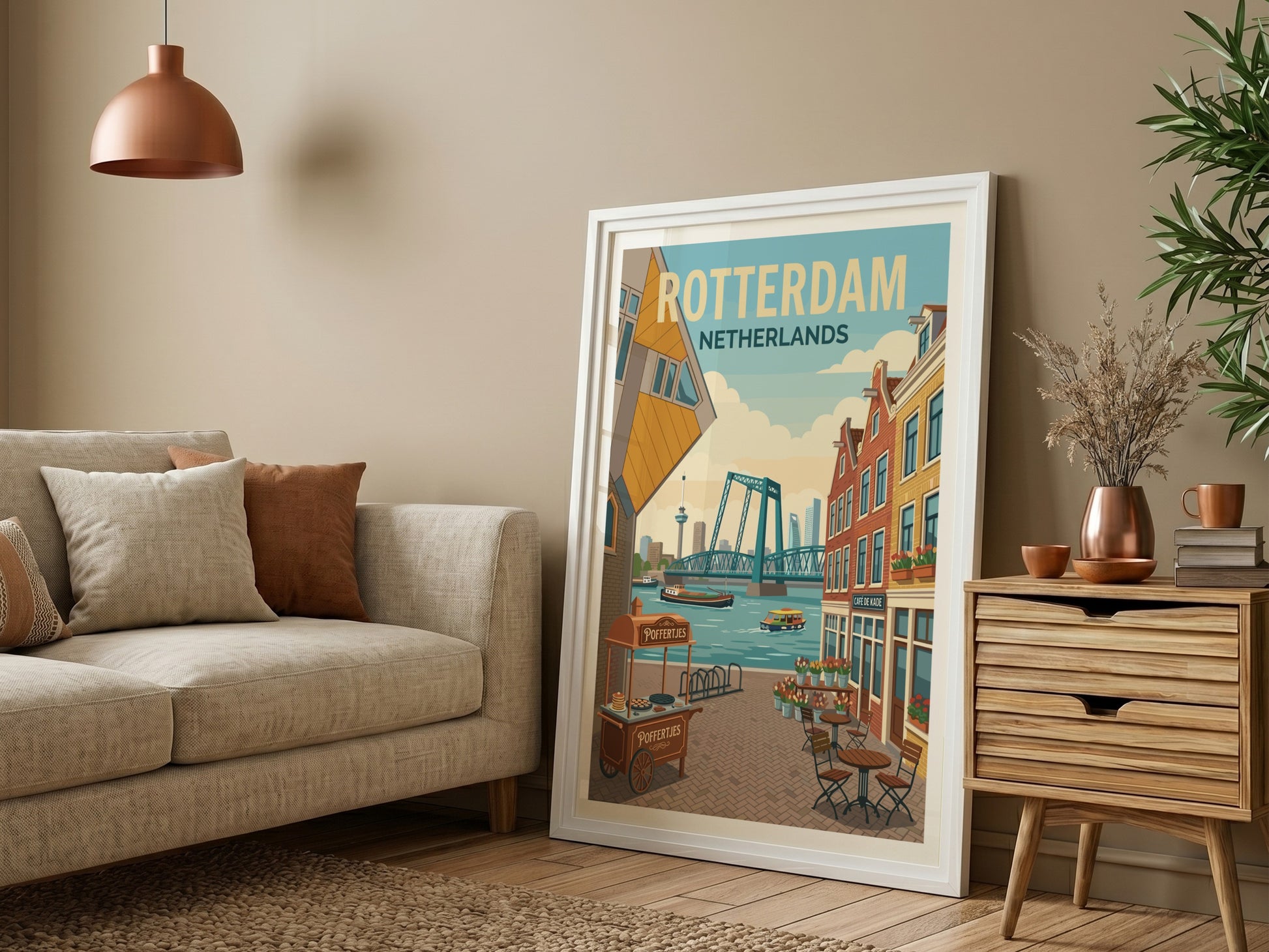 Rotterdam skyline travel poster with Cube Houses, bridge, and canal boats in a warm, illustrative style.