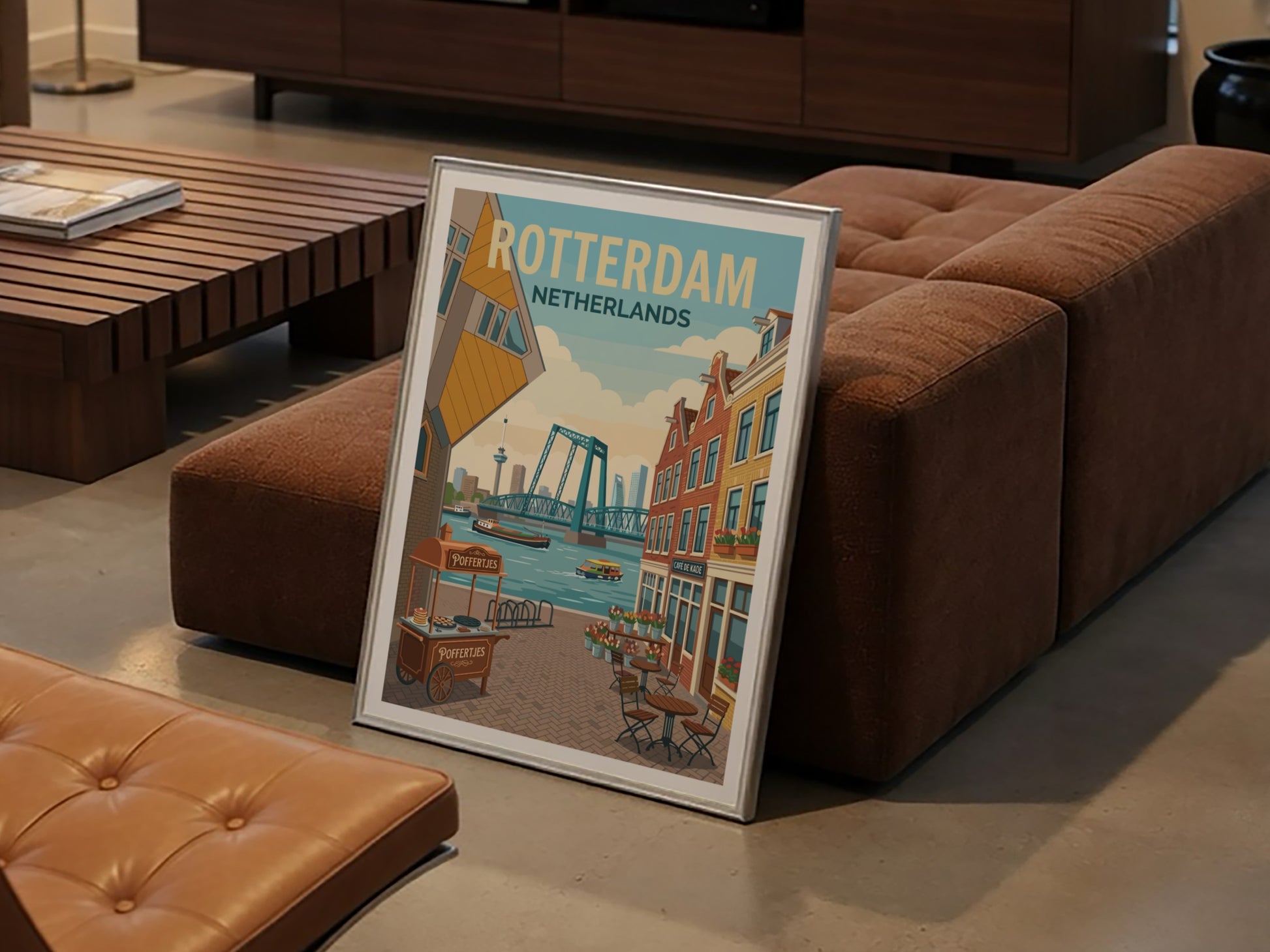 Rotterdam skyline travel poster with Cube Houses, bridge, and canal boats in a warm, illustrative style.