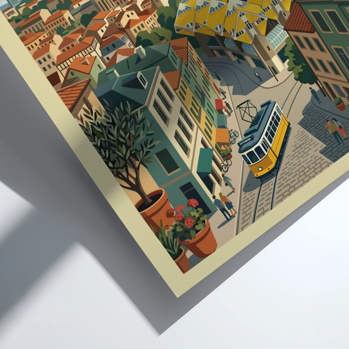 Poster of Rotterdam Netherlands featuring the Erasmus Bridge, cube houses, and a yellow tram.