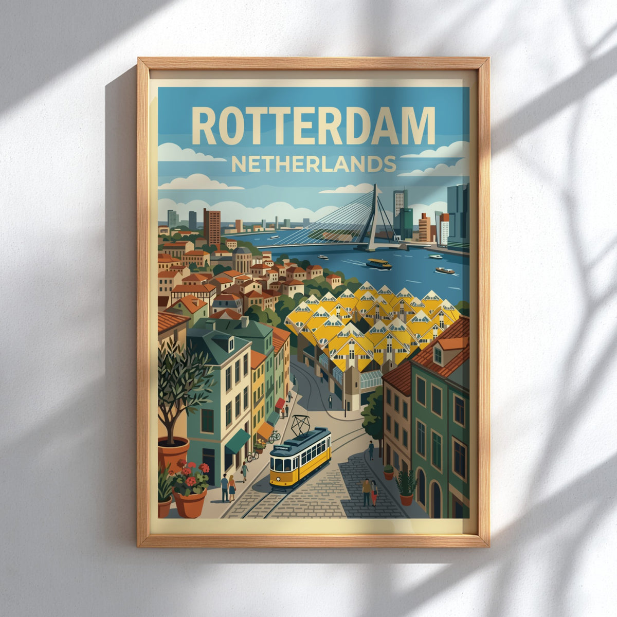 Poster of Rotterdam Netherlands featuring the Erasmus Bridge, cube houses, and a yellow tram.