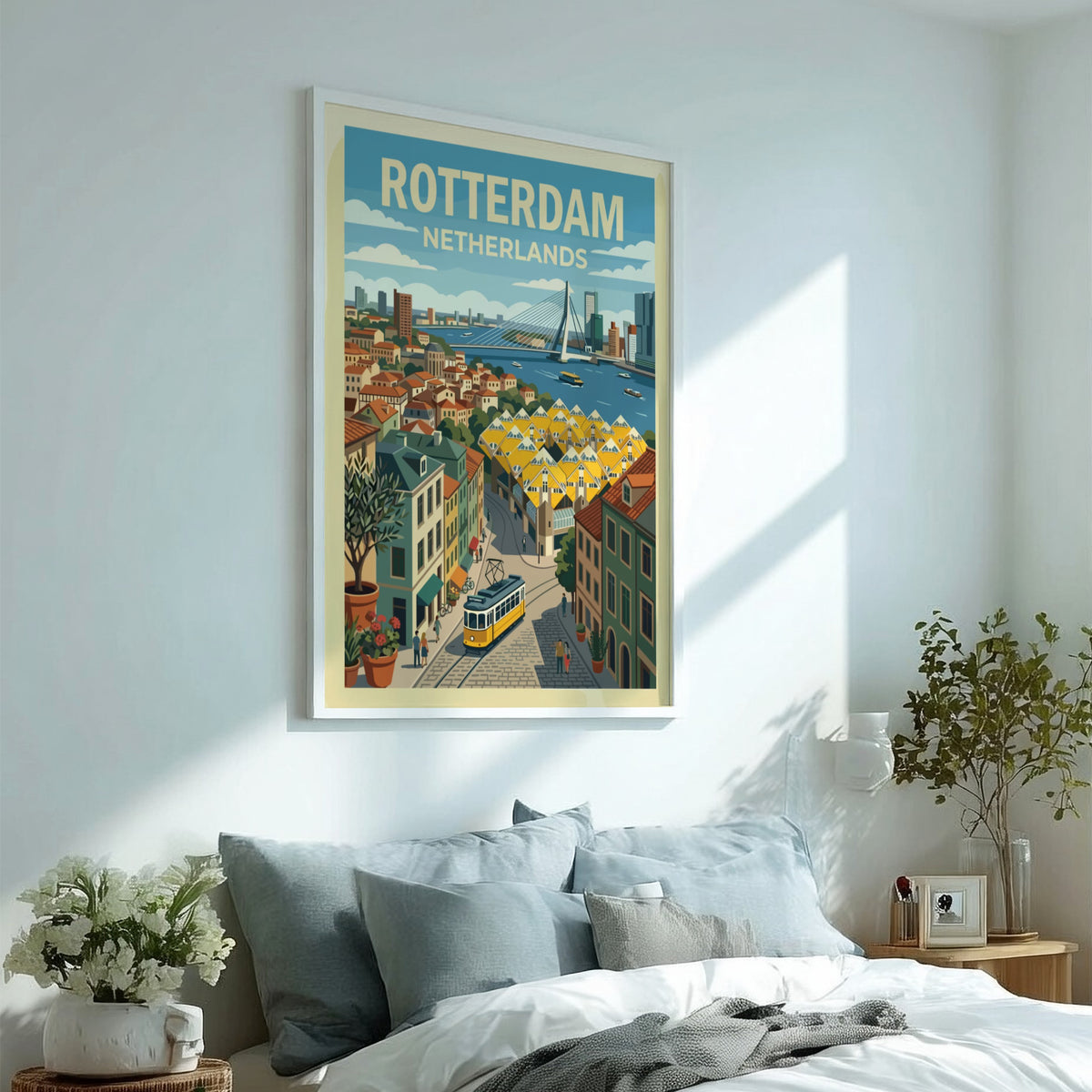 Poster of Rotterdam Netherlands featuring the Erasmus Bridge, cube houses, and a yellow tram.