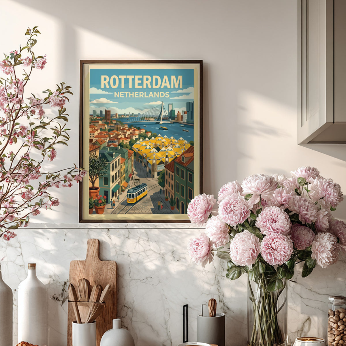 Poster of Rotterdam Netherlands featuring the Erasmus Bridge, cube houses, and a yellow tram.