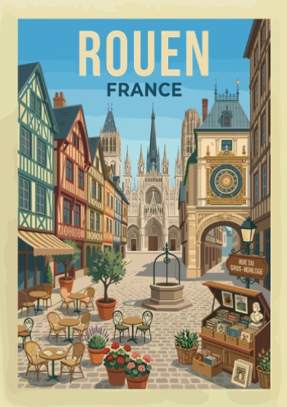 Vintage travel poster of Rouen, France featuring a cobblestone square and cathedral.