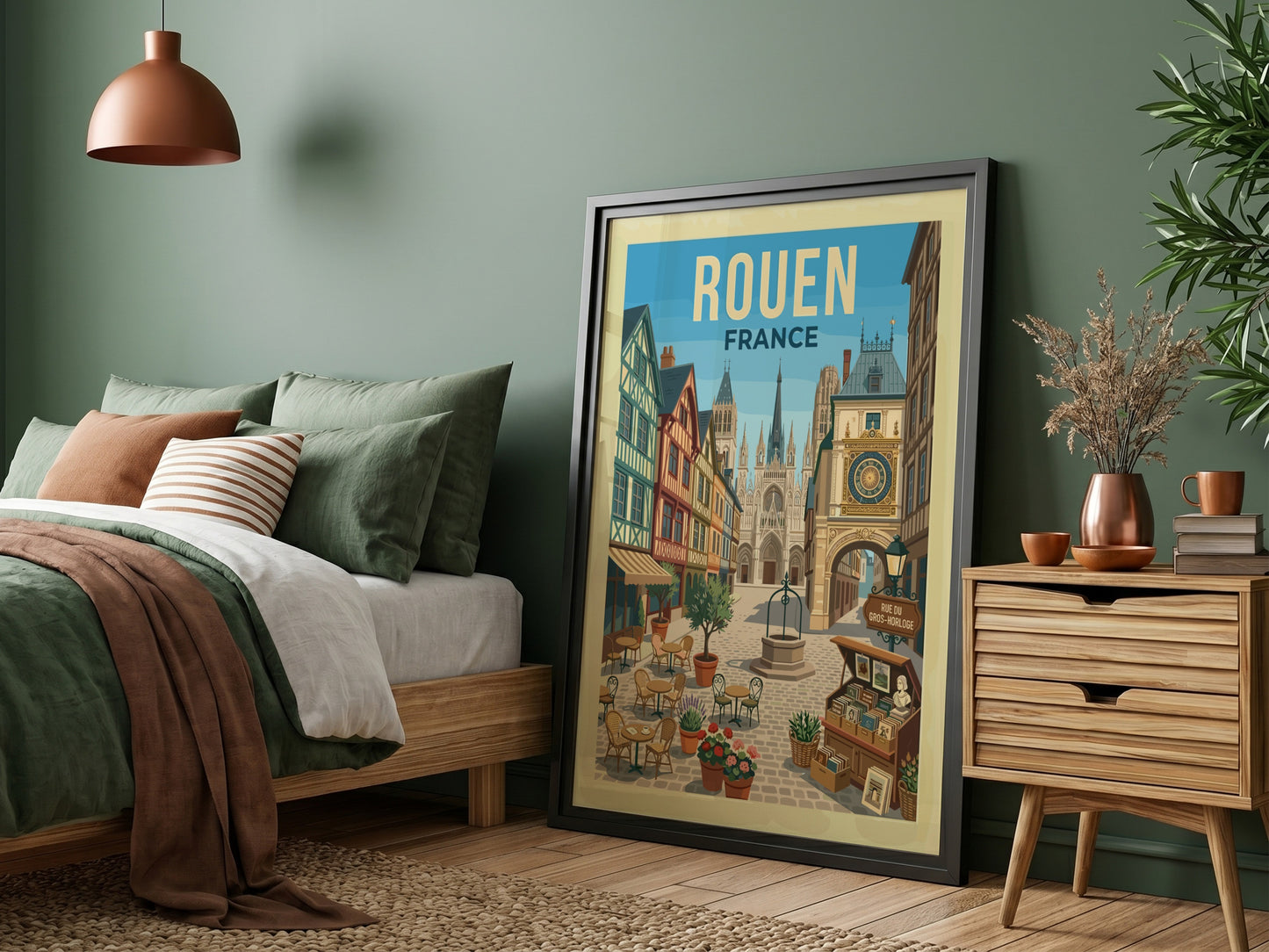 Vintage travel poster of Rouen, France featuring a cobblestone square and cathedral.