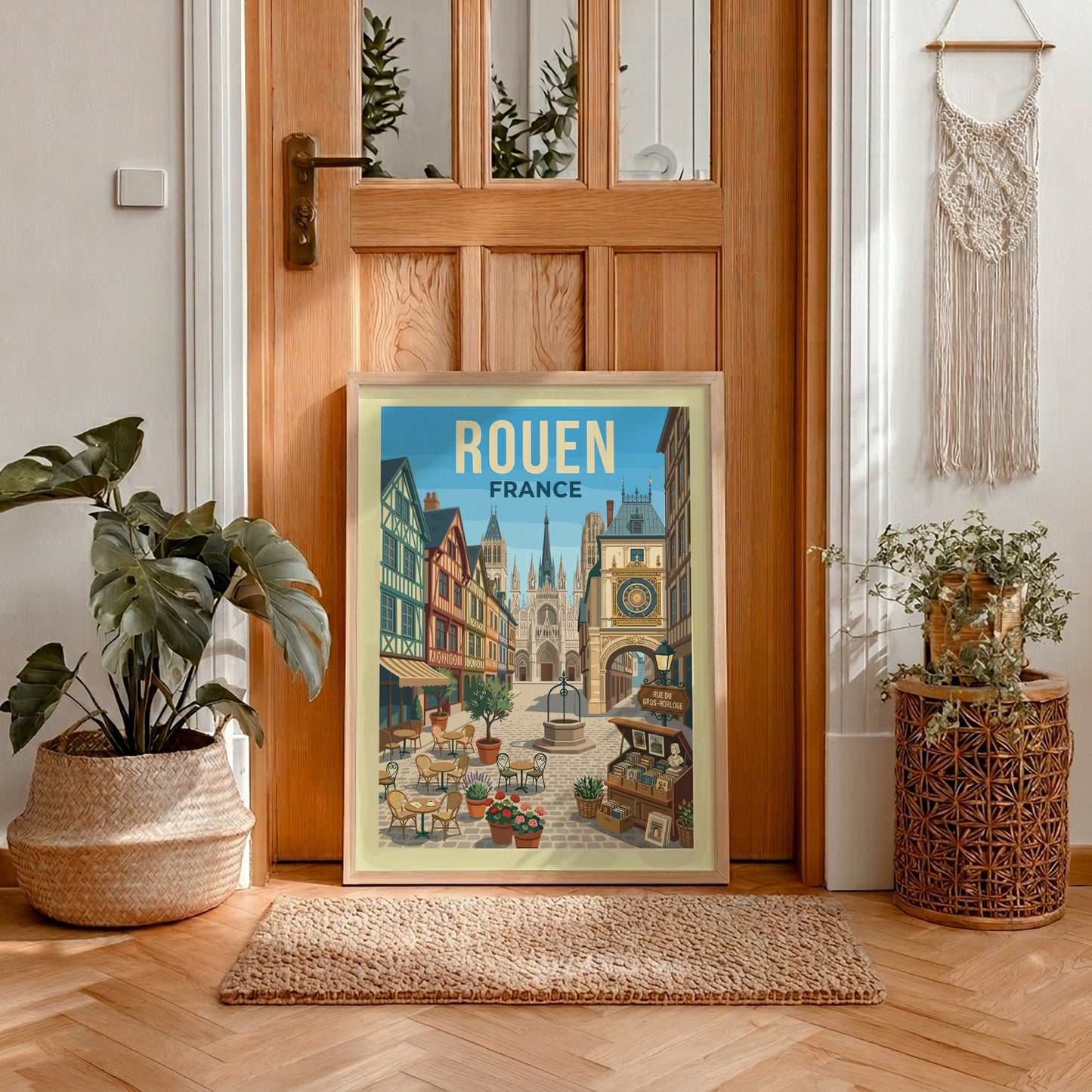 Vintage travel poster of Rouen, France featuring a cobblestone square and cathedral.