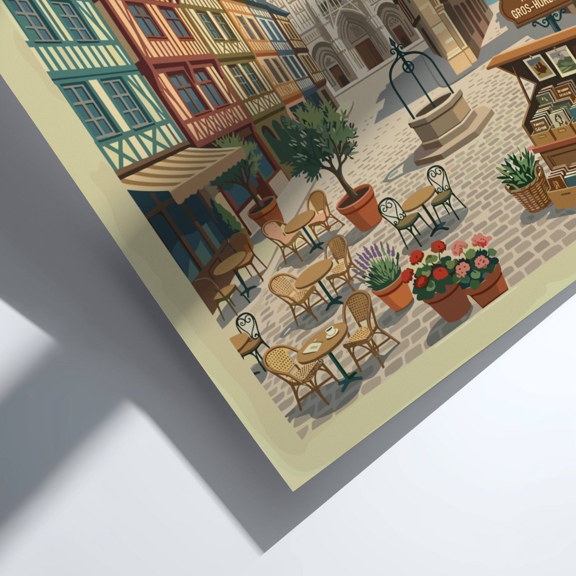 Vintage travel poster of Rouen, France featuring a cobblestone square and cathedral.