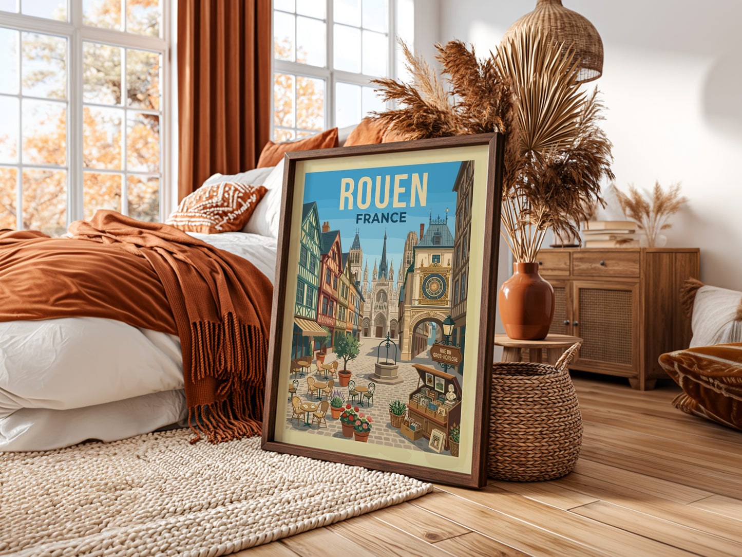 Vintage travel poster of Rouen, France featuring a cobblestone square and cathedral.