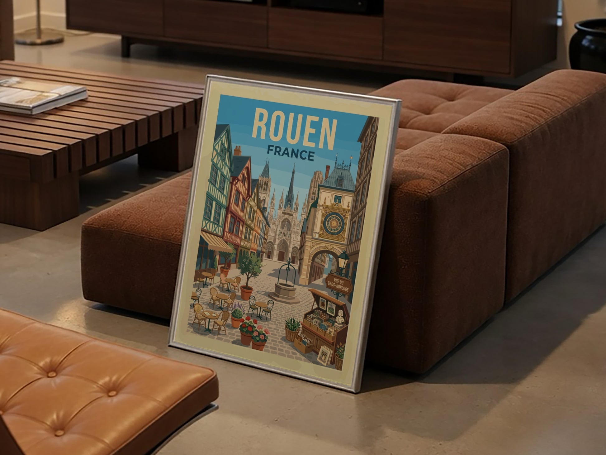 Vintage travel poster of Rouen, France featuring a cobblestone square and cathedral.