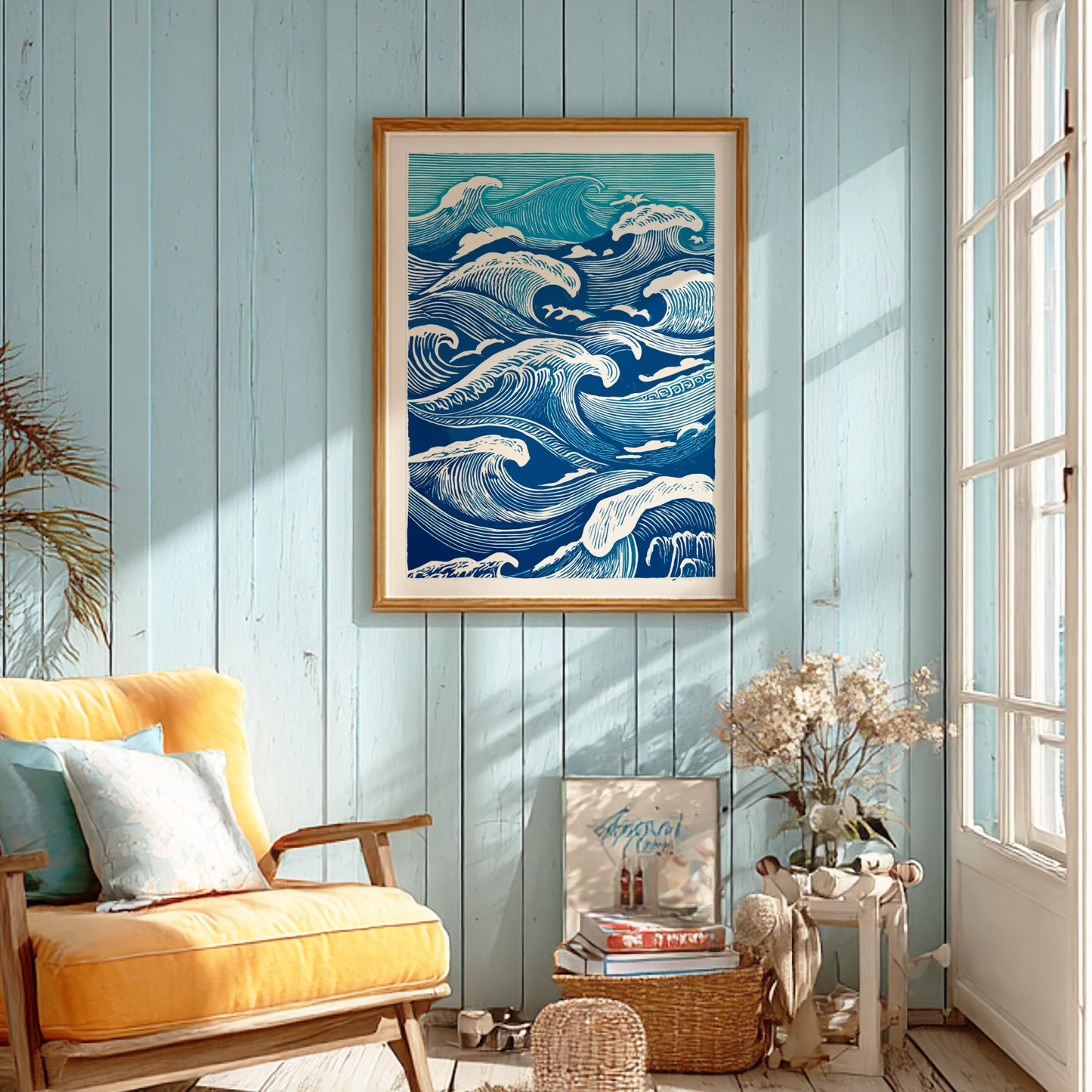 Framed wave art on a wall above a yellow armchair in a sunlit room.