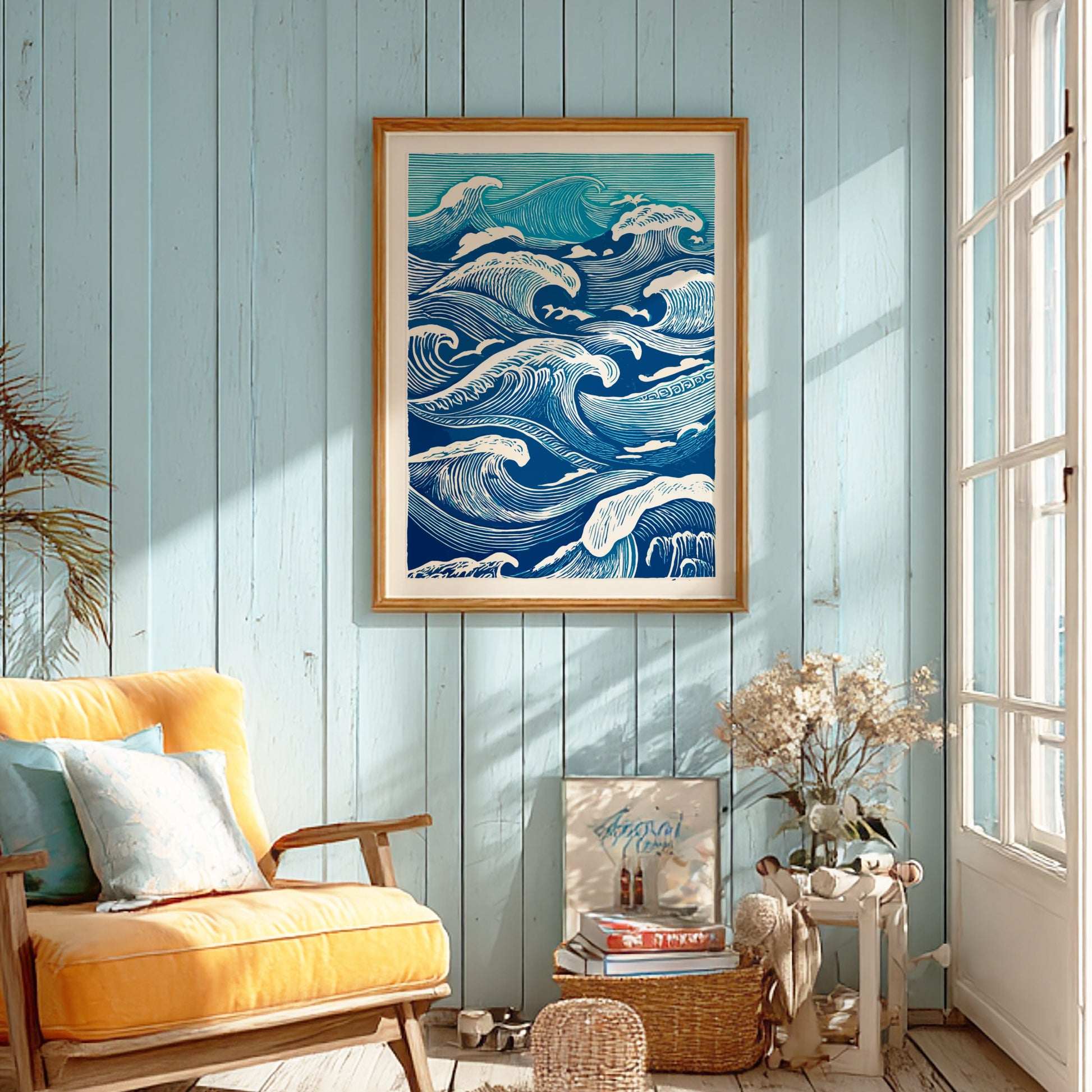 Framed wave art on a wall above a yellow armchair in a sunlit room.