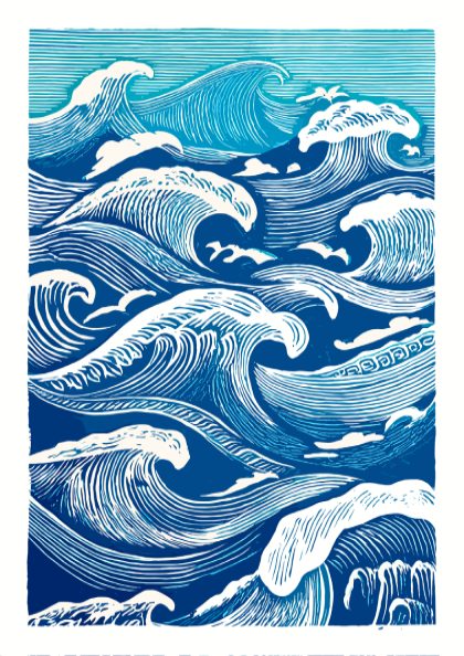 Pattern of blue and white waves on a blue background