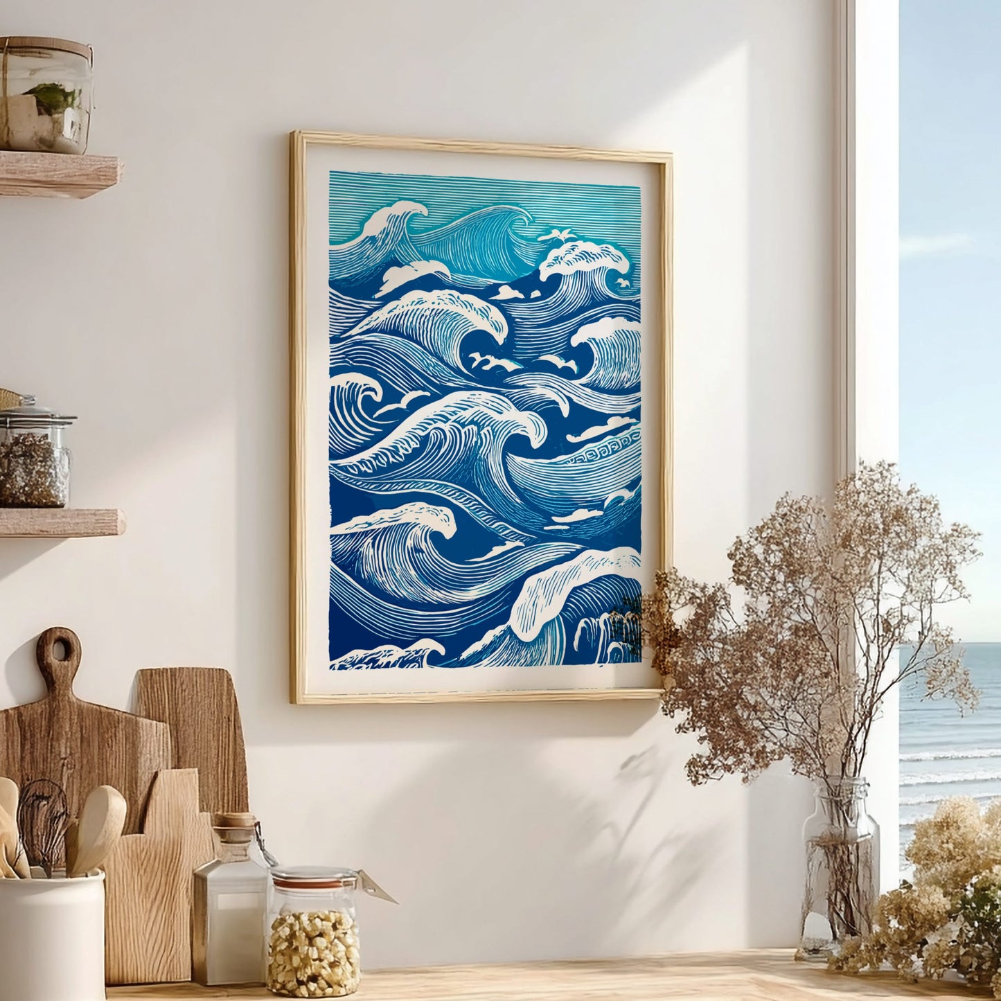 Framed artwork of blue waves on a wall in a room with wooden shelves and decor.