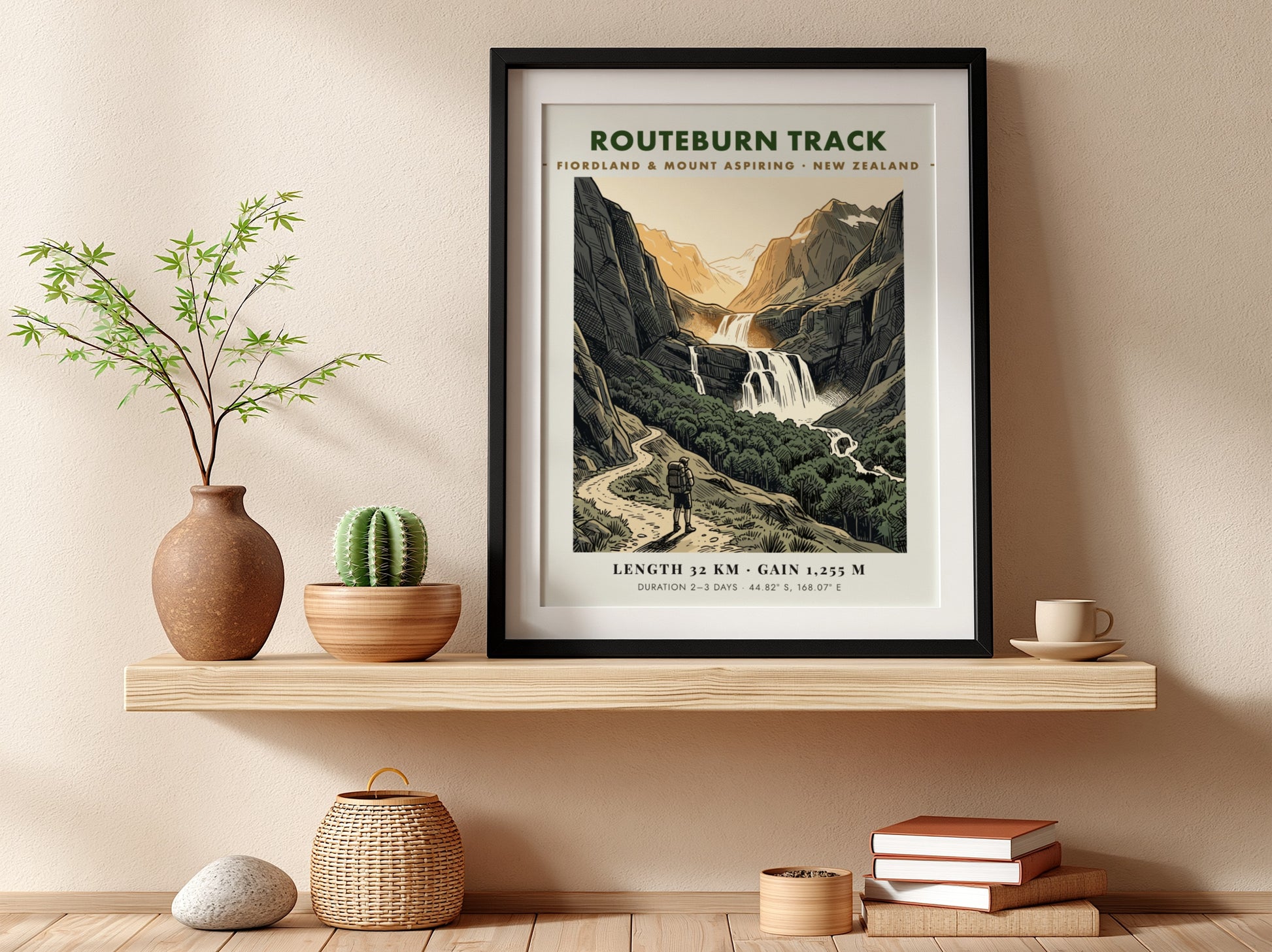 Poster featuring a hiker on the Routeburn Track beneath towering mountains and waterfalls.