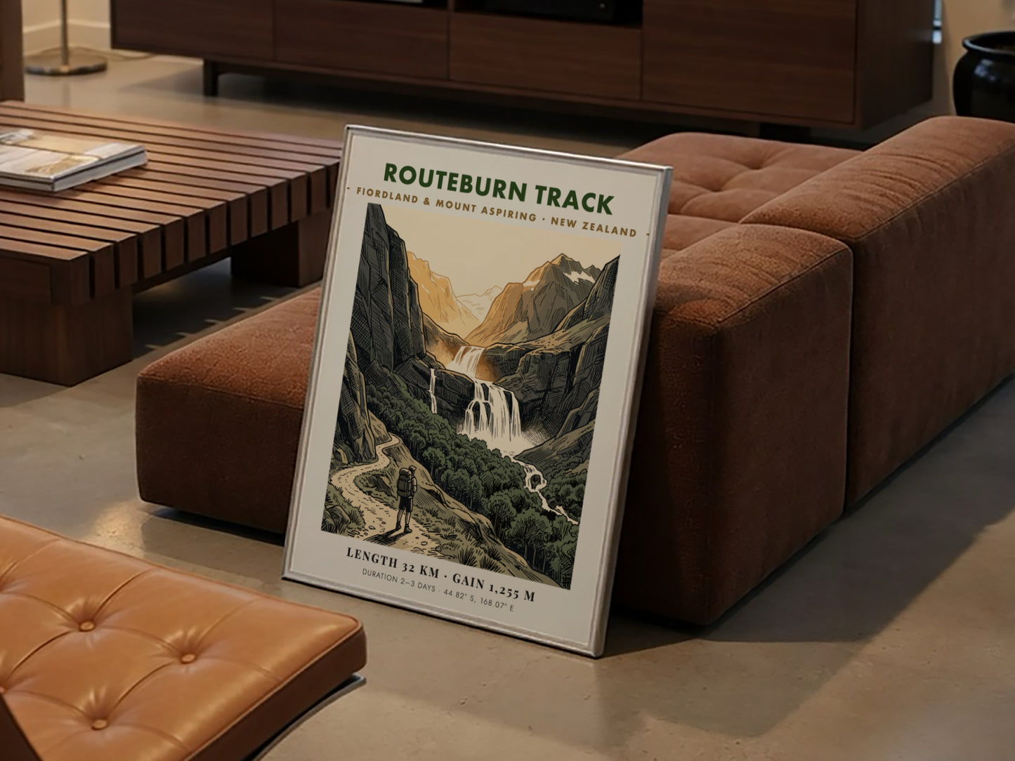 Poster featuring a hiker on the Routeburn Track beneath towering mountains and waterfalls.
