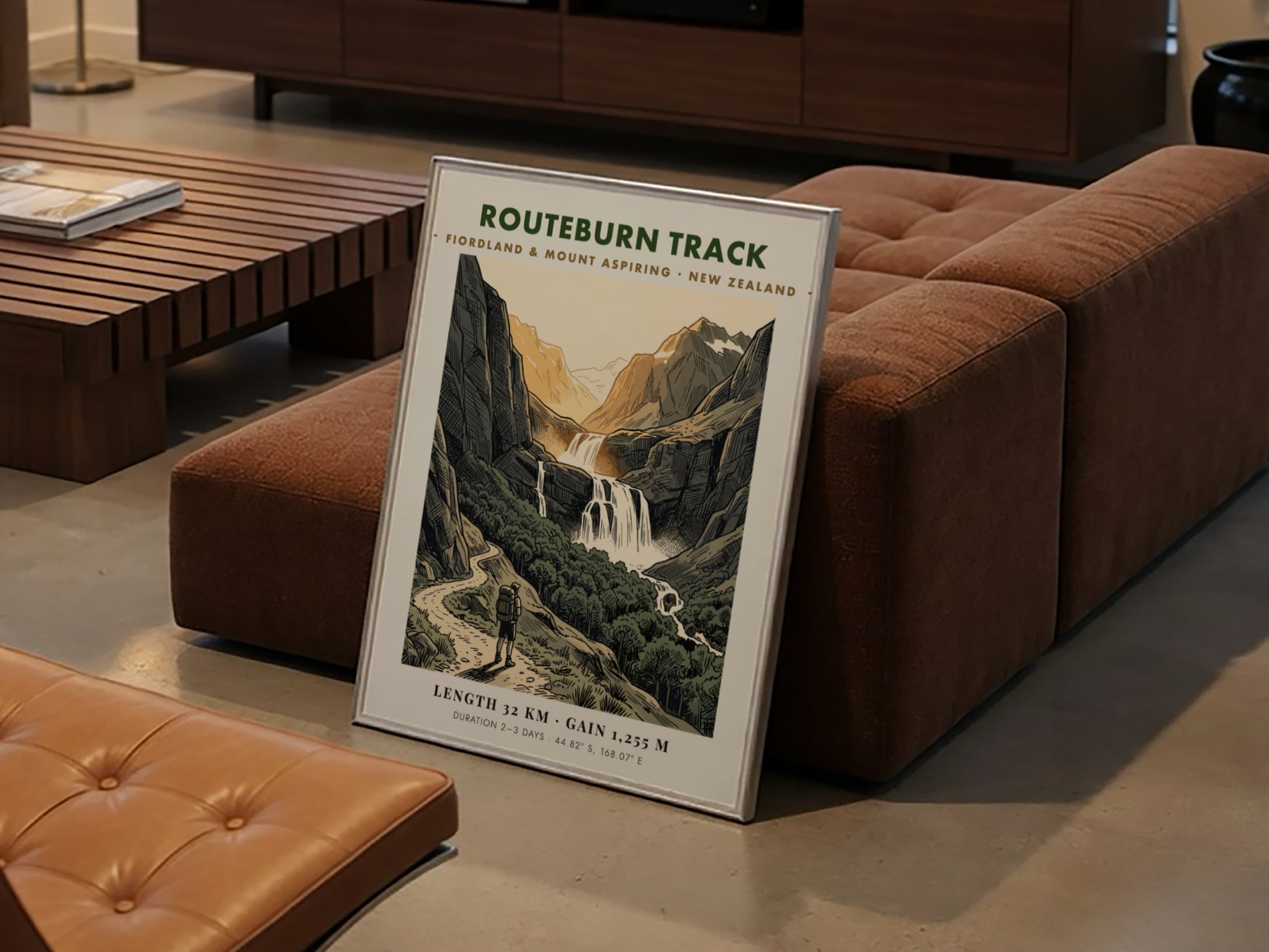 Poster featuring a hiker on the Routeburn Track beneath towering mountains and waterfalls.