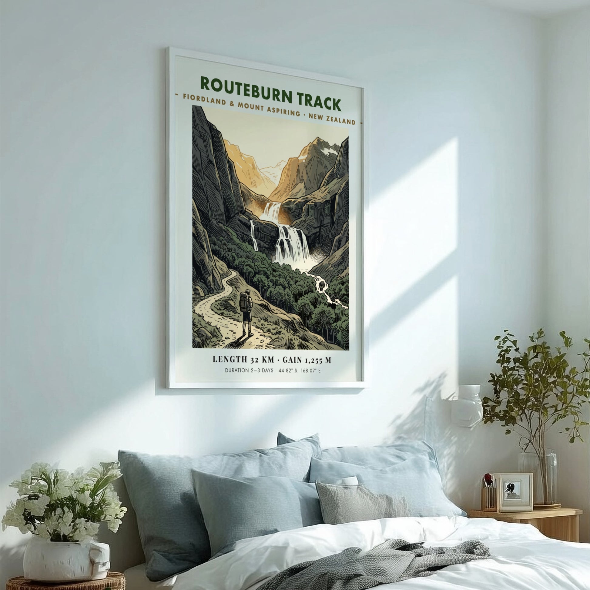 Poster featuring a hiker on the Routeburn Track beneath towering mountains and waterfalls.