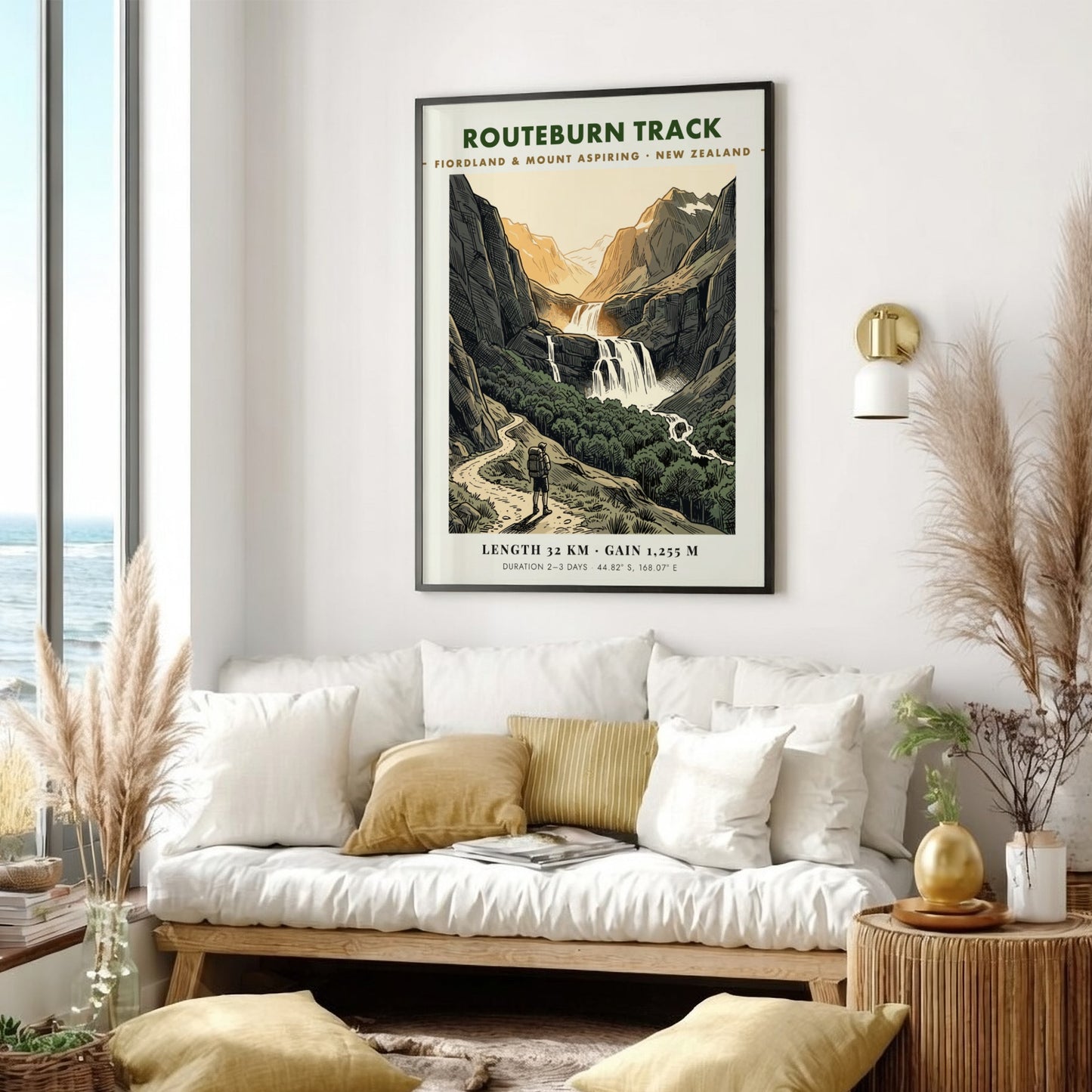 Poster featuring a hiker on the Routeburn Track beneath towering mountains and waterfalls.