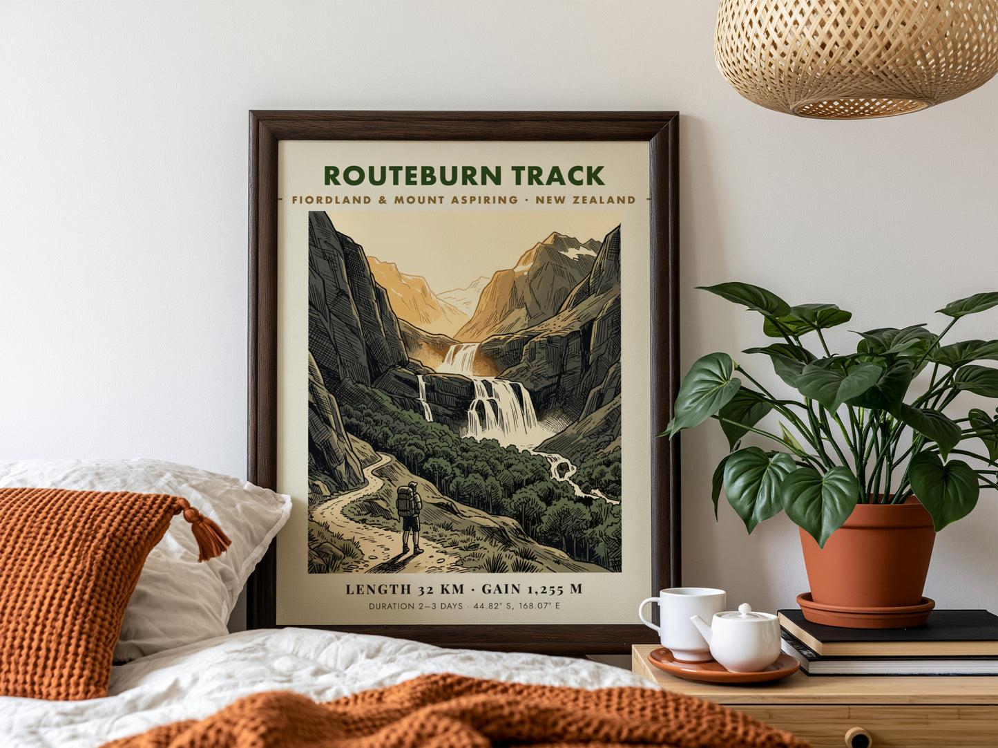 Poster featuring a hiker on the Routeburn Track beneath towering mountains and waterfalls.