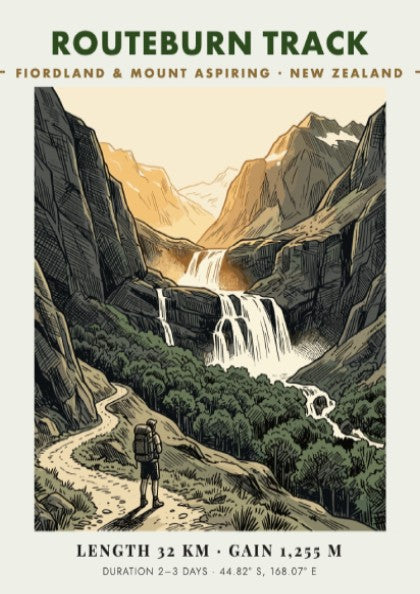 Poster featuring a hiker on the Routeburn Track beneath towering mountains and waterfalls.