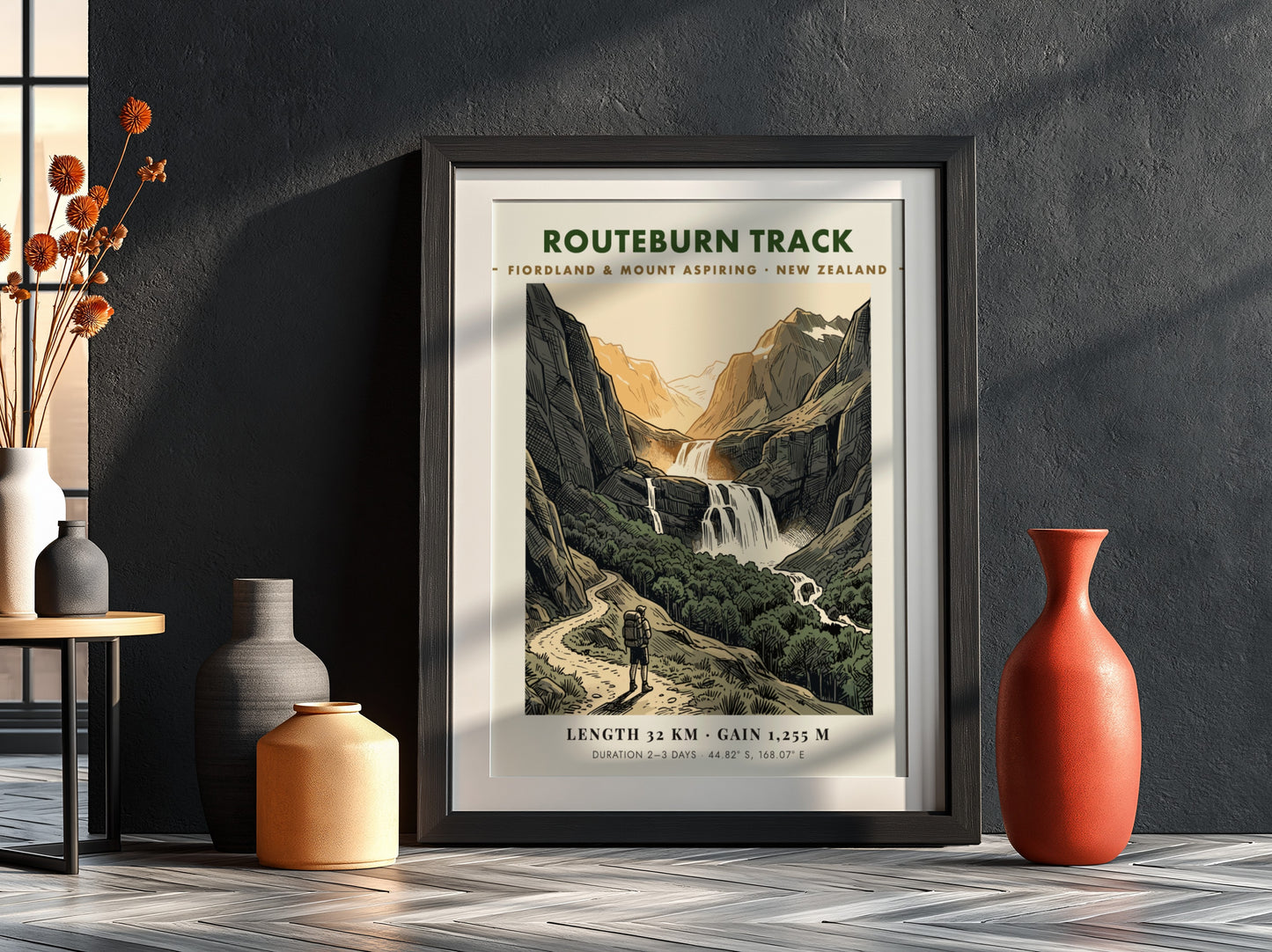 Poster featuring a hiker on the Routeburn Track beneath towering mountains and waterfalls.
