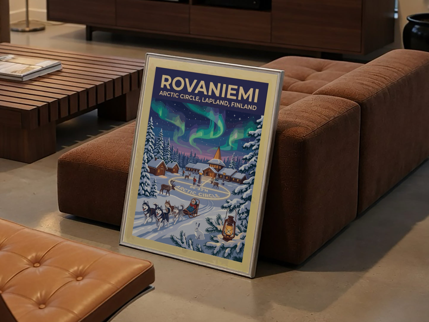 Travel poster of Rovaniemi featuring northern lights over an Arctic Circle village and huskies