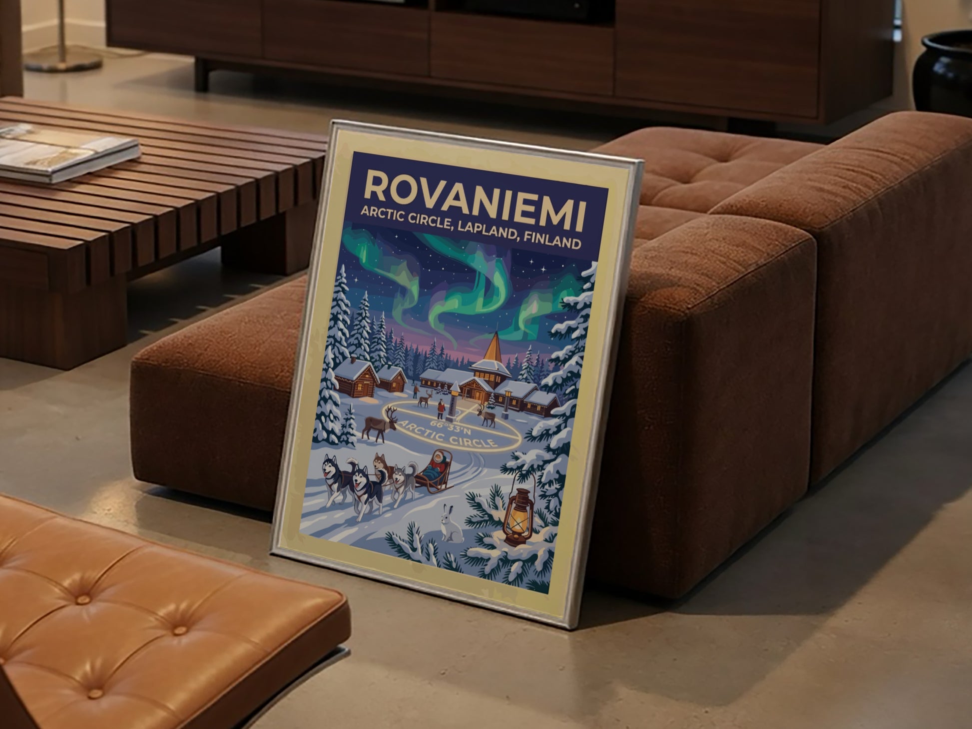 Travel poster of Rovaniemi featuring northern lights over an Arctic Circle village and huskies