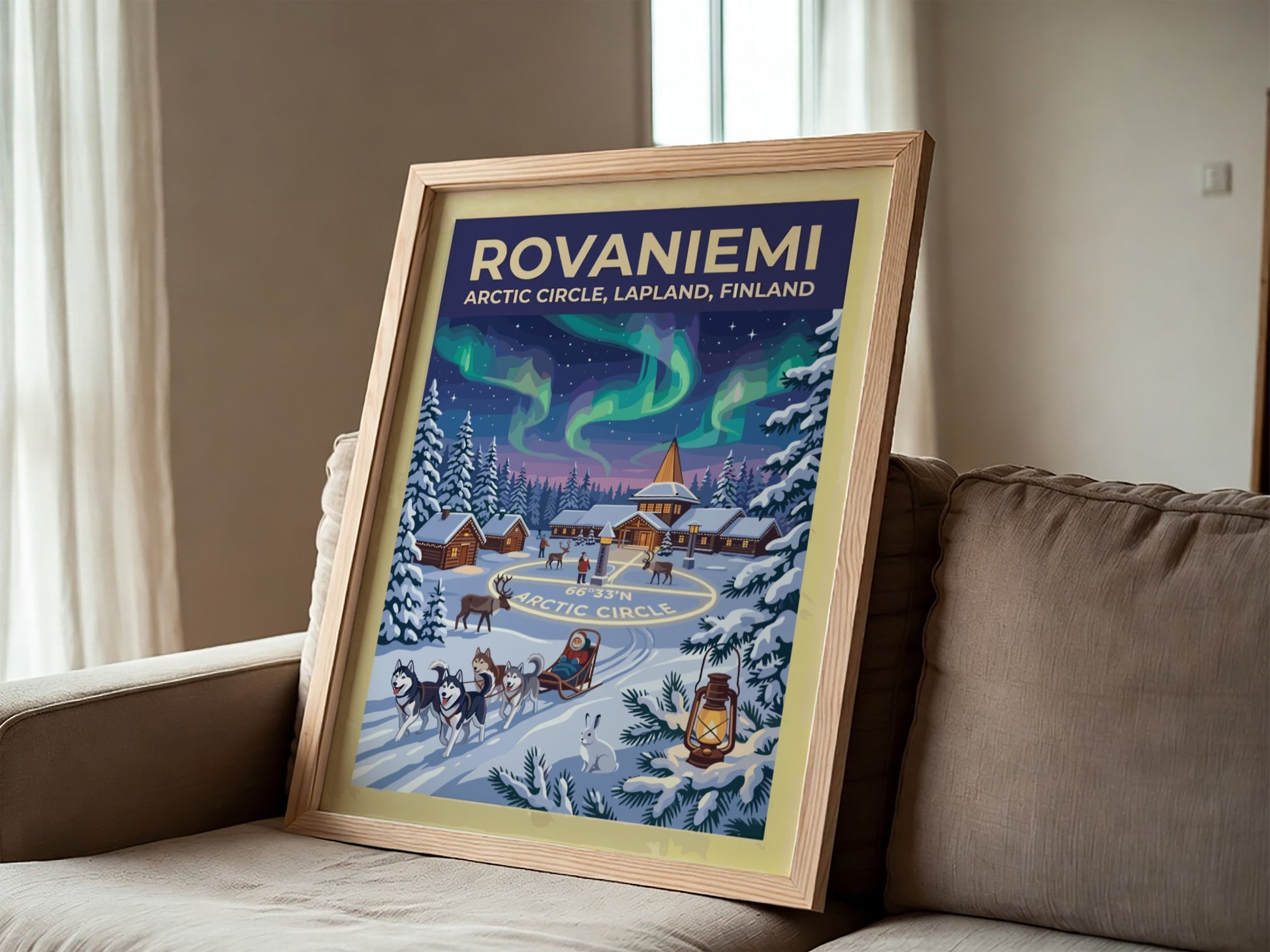 Travel poster of Rovaniemi featuring northern lights over an Arctic Circle village and huskies