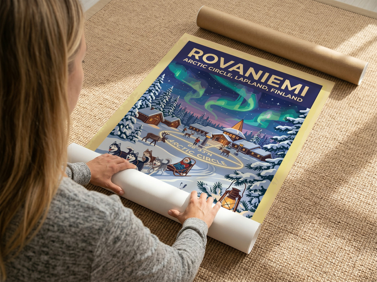 Travel poster of Rovaniemi featuring northern lights over an Arctic Circle village and huskies