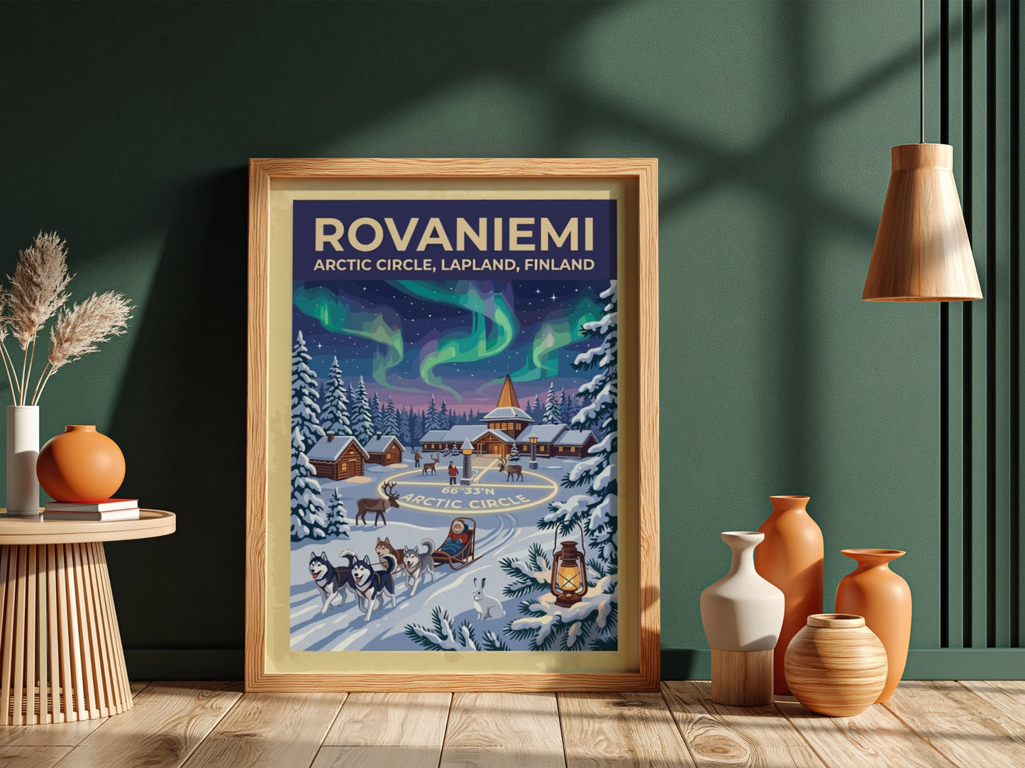 Travel poster of Rovaniemi featuring northern lights over an Arctic Circle village and huskies