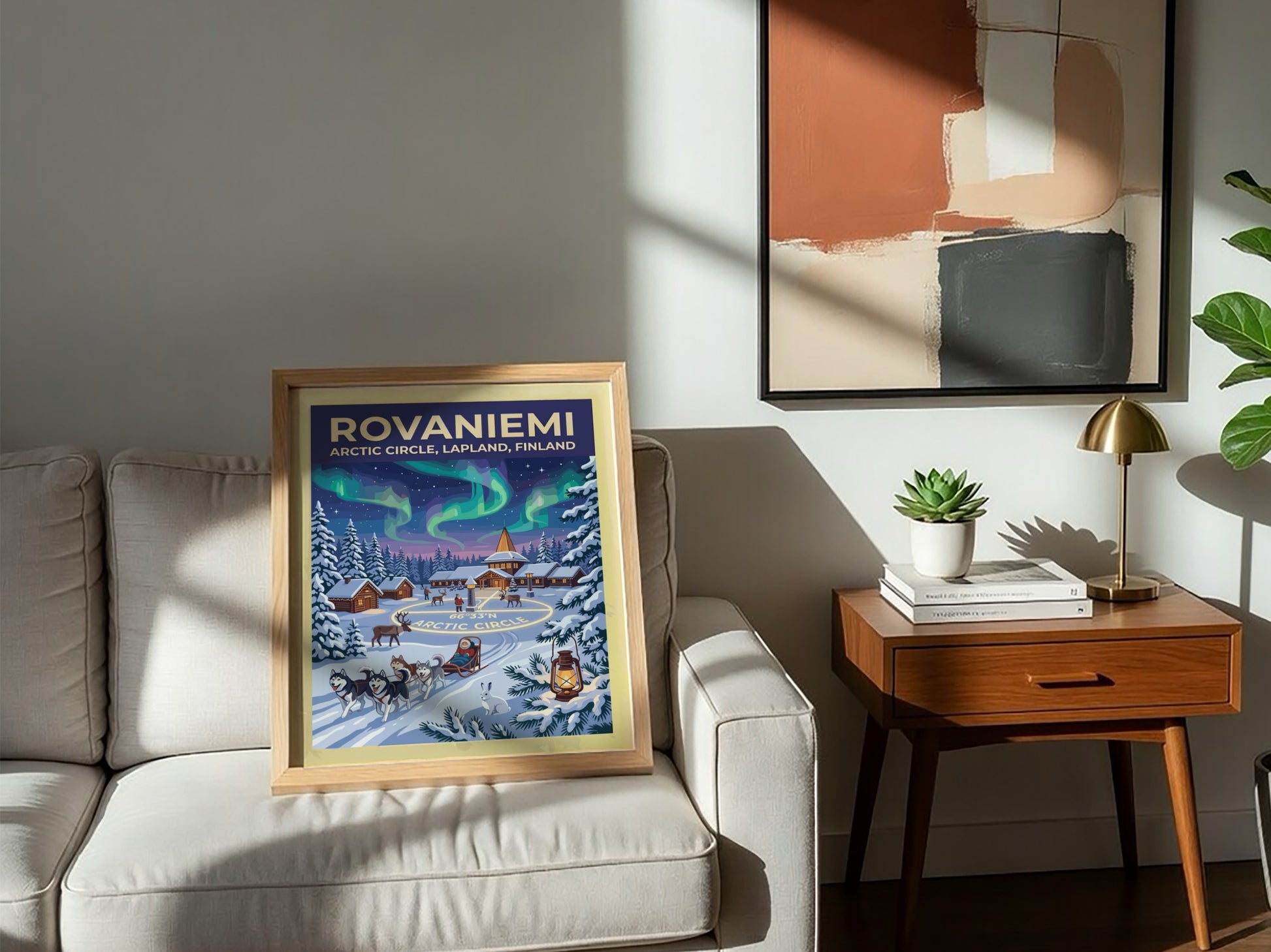 Travel poster of Rovaniemi featuring northern lights over an Arctic Circle village and huskies