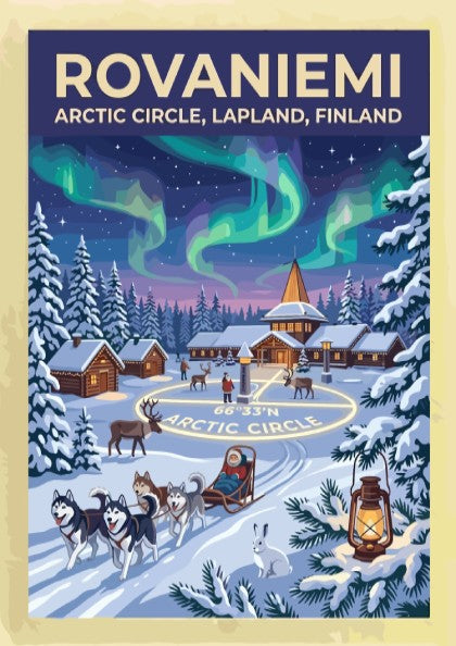 Travel poster of Rovaniemi featuring northern lights over an Arctic Circle village and huskies