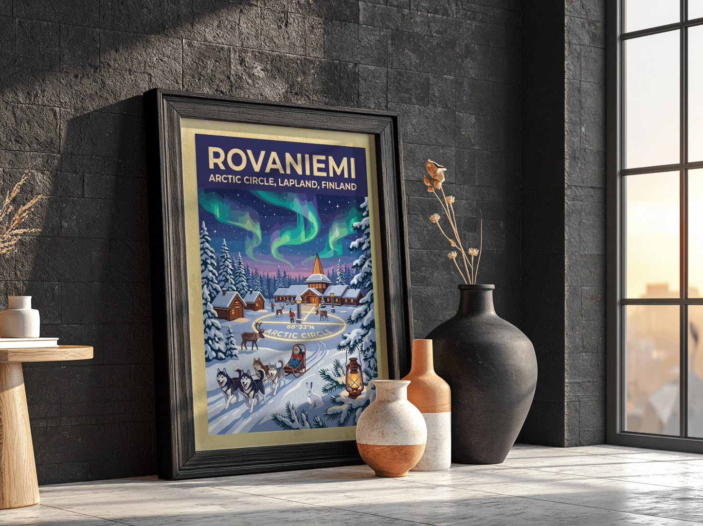 Travel poster of Rovaniemi featuring northern lights over an Arctic Circle village and huskies