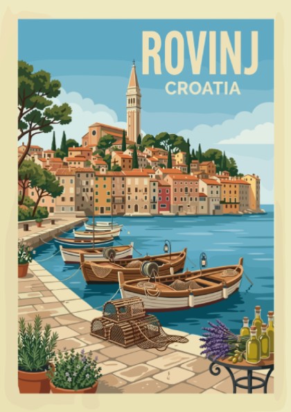 Rovinj travel poster featuring a colorful coastal town and fishing boats in Croatia, vintage travel art style.