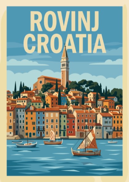 Poster of Rovinj Croatia featuring a historic bell tower, colorful coastal buildings, and sailboats.