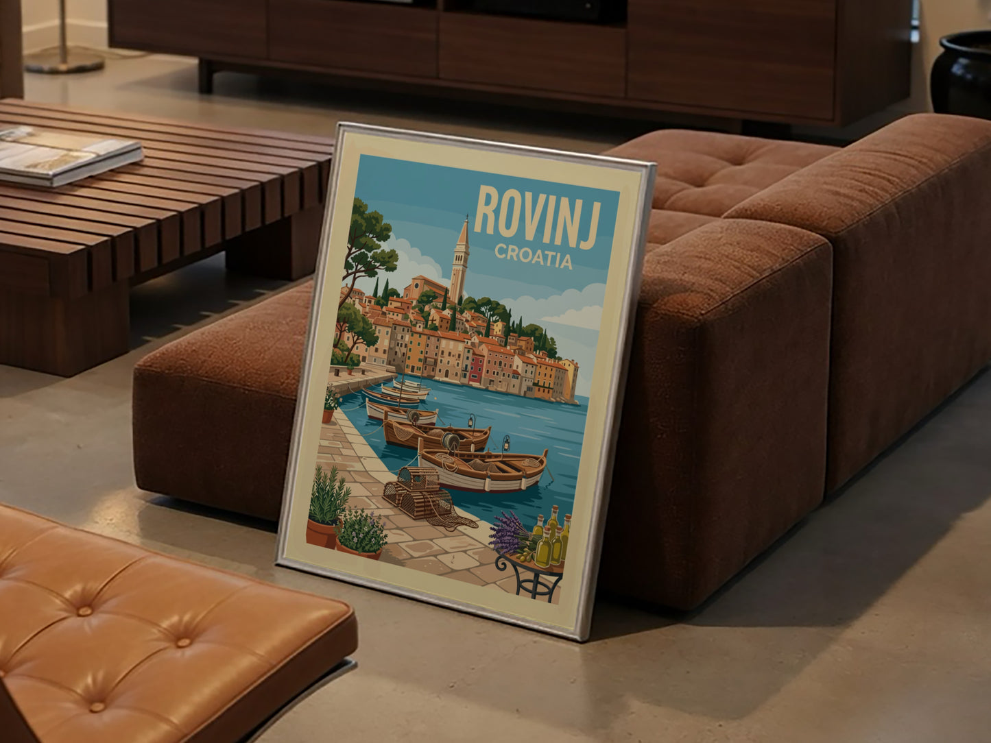 Rovinj travel poster featuring a colorful coastal town and fishing boats in Croatia, vintage travel art style.