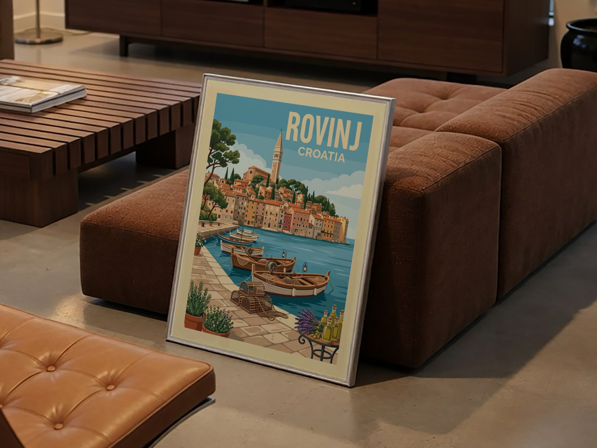 Rovinj travel poster featuring a colorful coastal town and fishing boats in Croatia, vintage travel art style.