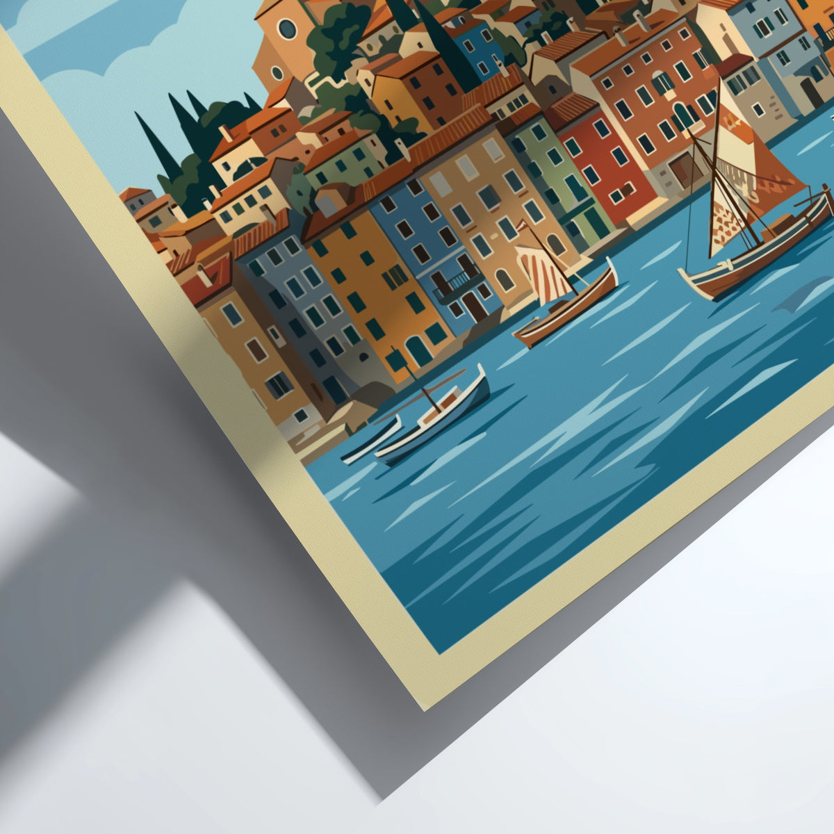 Poster of Rovinj Croatia featuring a historic bell tower, colorful coastal buildings, and sailboats.