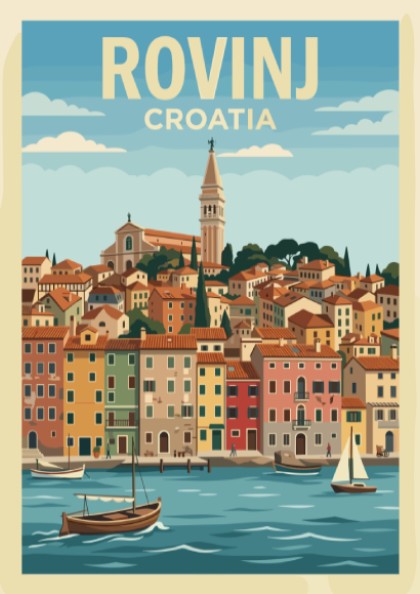 Poster of the Croatian city Rovinj featuring terracotta buildings, a bell tower, boats.