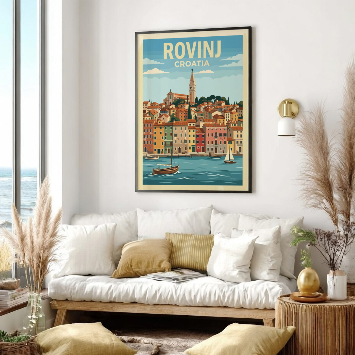 Poster of the Croatian city Rovinj featuring terracotta buildings, a bell tower, boats.