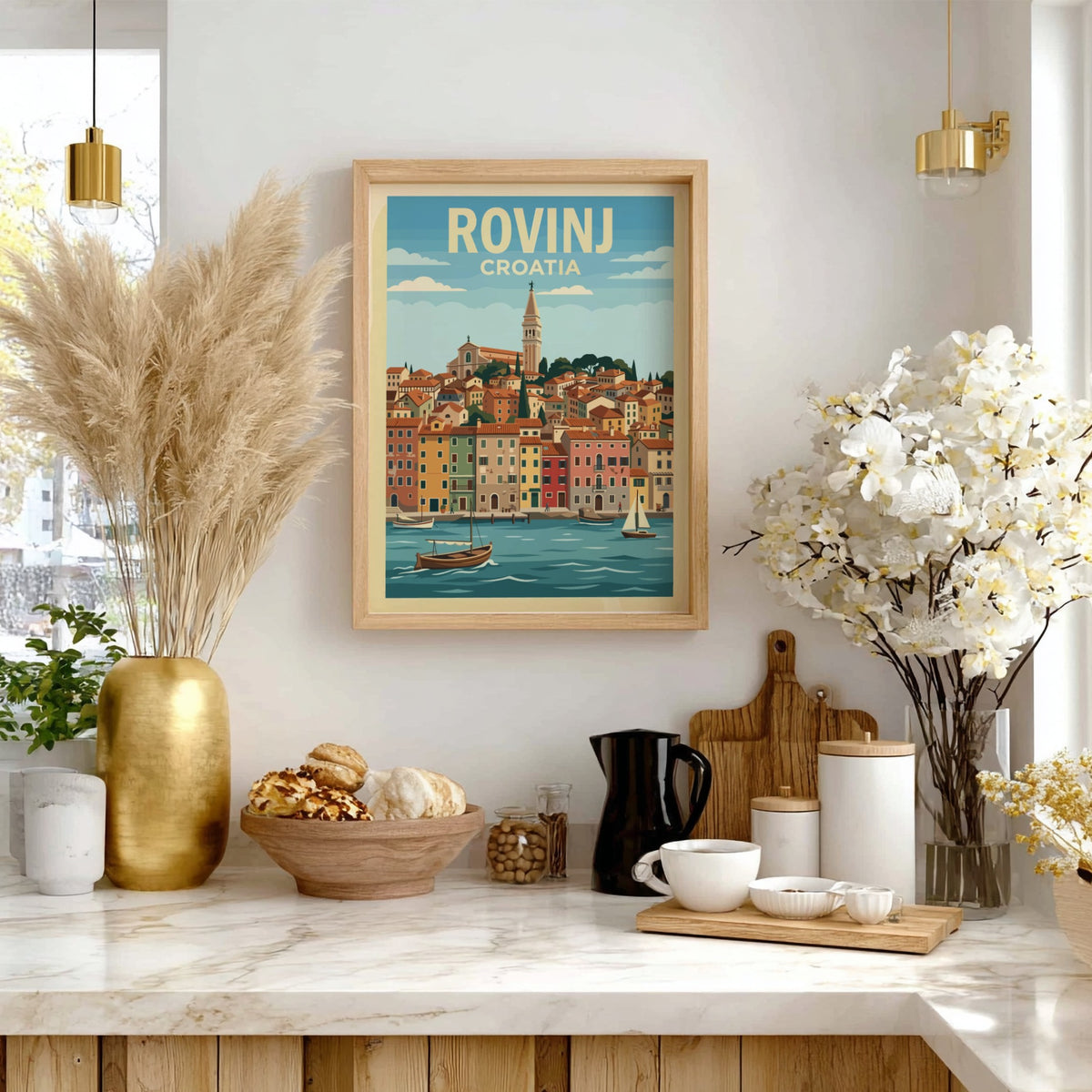 Poster of the Croatian city Rovinj featuring terracotta buildings, a bell tower, boats.